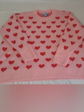 CeCe Pink Crewneck Sweater with Red Heart Pattern